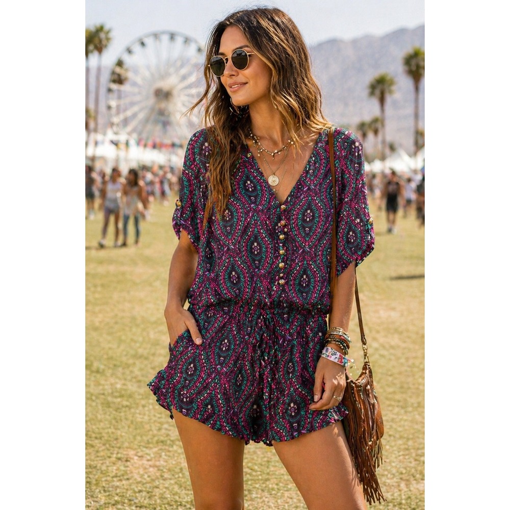 Boho Festival Romper Paisley Print Tie Waist Flowy Shorts Chic S Magenta‎ Teal